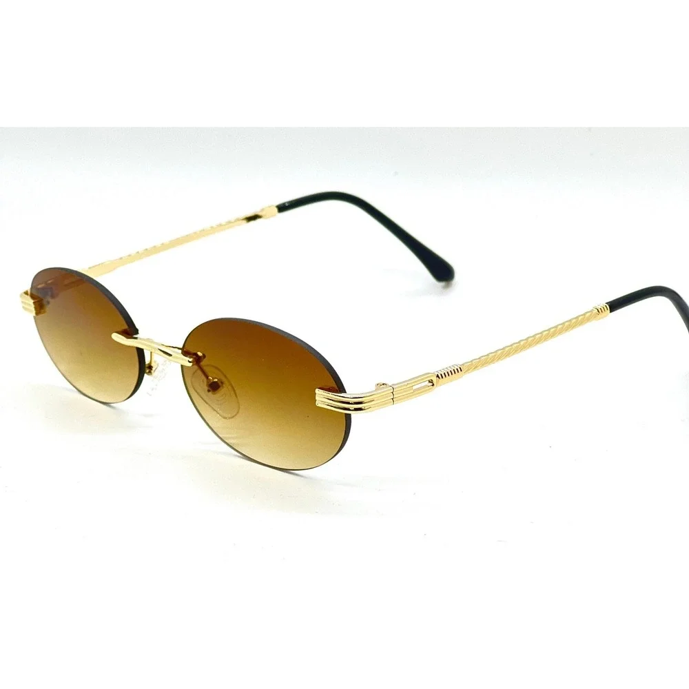 Oval Sunglasses Gold Frame Brown Lens‎ Rimless Vintage Style Men Trendy Hip Hop